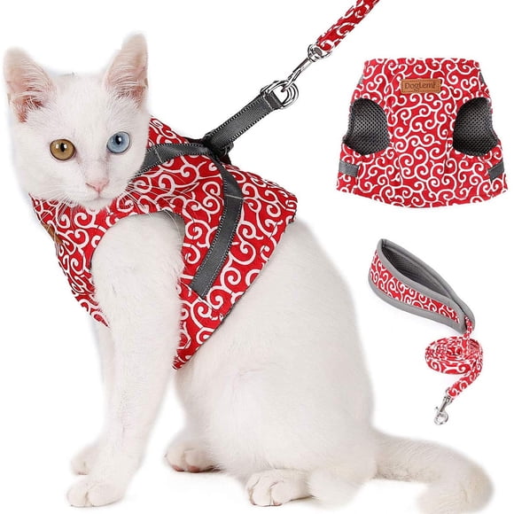 Cat Harness and Leash for Walking, Escape Proof Soft Adjustable Vest Harnesses for Cats, Breathable Pet Safety Jacket with Padded Handle Leash（Red）S