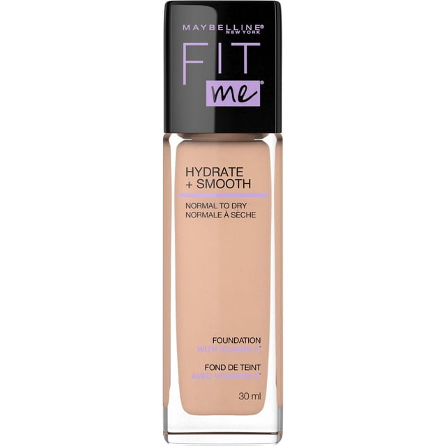 Foundation Fit Me Dewy Finish Hydrate + Smooth by Maybelline New York, a 30 ml liquid foundation in a clear glass bottle with black cap, formulated for normal to dry skin to hydrate and smooth rough patches, providing a natural luminous makeup finish.