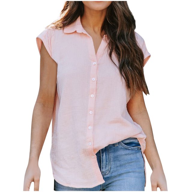 Timegard Womens Shirts Cap Sleeve Button up Lapel Neck Loose Comfy Solid Color Casual Work Tee Tops