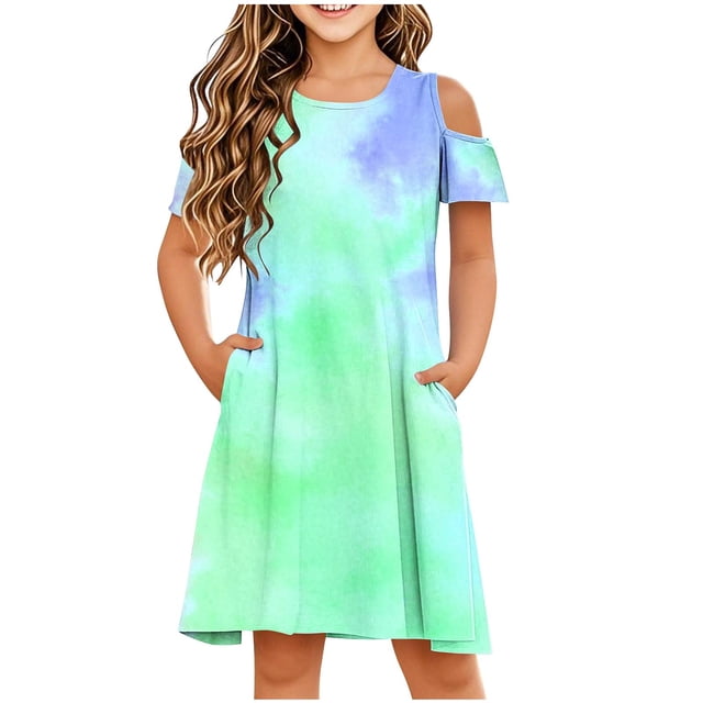 Économies de Printemps/été! HVOBTTY Robe Confortable à Manches Courtes pour Fille, Robe Quotidienne Sans Manches Extensible, Robe Trapèze Tournoyante, Patineuse, Récital d'École, Robe à Manches Courtes à Col Rond, Vert, 3 Ans