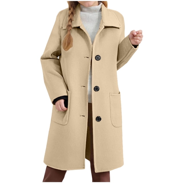 Children's Wool Trench Overcoat Breasted Lapel, Pea Coat, Long Sleeve, MidLong, with Pockets