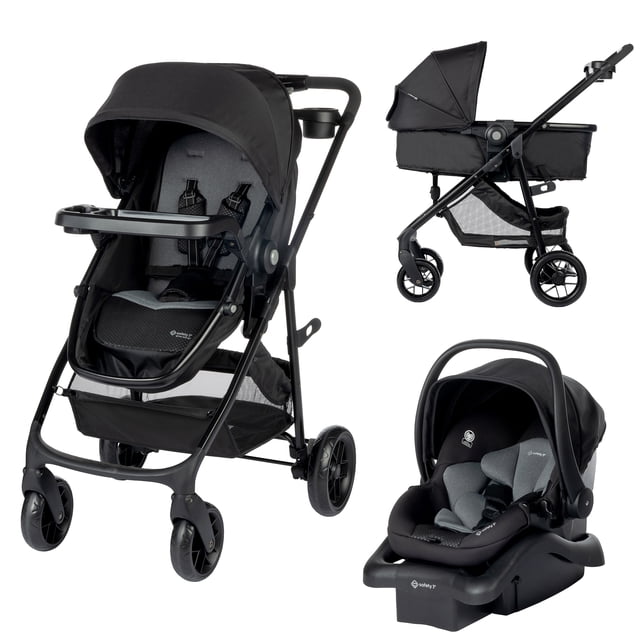 Safety 1st Grow and Go™ Flex 8-in-1 Travel System Alloy shown in three configurations: a black stroller with padded seat, canopy, and child tray; a black infant carriage with canopy on stroller frame; and a black onBoard™ FLX infant car seat with grey cushioned inserts and carrying handle, demonstrating versatile seating options for infants and toddlers.