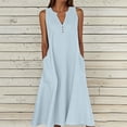 thumbnail image 3 of Ohufall Robe Femme en Coton et Lin à Col en V Sans Manches Décontractée Robe Débardeur Unie Confortable avec Poches Robe Midi d'Été Chic, 3 of 5