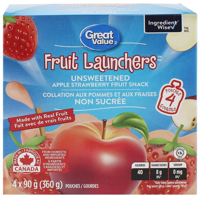 Great Value Fruit Launchers Collation aux Fruits Pomme Fraise Non Sucrée Boîte de 4 avec Fond Bleu Présentant des Pommes et des Fraises Illustrées, Faite avec de Vrais Fruits et des Ingrédients Canadiens, Montrant des Faits Nutritifs et une certification Audacieuse des Ingrédients, Convient pour une Collation Rapide et Non Sucrée aux Fruits.