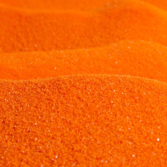 Sandtastik Classic Colored Sand in orange, 10 lb. The image shows vibrant orange sand with a natural sparkle and uniform grain size ranging from 0.08mm to 0.425mm. Ideal for craft projects, sand art bottles, vase fillers, unity sand ceremonies, and event decor. Certified non-toxic with no free silica.