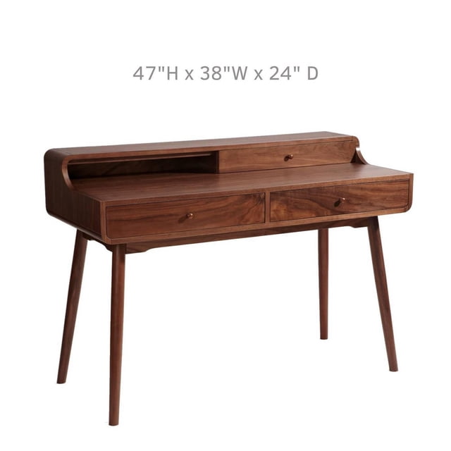 DESK en Bois Massif de STYLE Mi-Siècle avec 3 Tiroirs, Petite TABLE d'Écriture avec Pattes Solides, STYLE GEORGE OLIVER en Fini Noyer, avec un Dessus Rectangulaire Lisse à Bords Arrondis, Trois Tiroirs avec Boutons en Bois, et Quatre Pattes en Bois Massif Effilées, Mesurant 47 Pouces de Haut, 38 Pouces de Large et 24 Pouces de Profondeur, Convient au Bureau Ou à l'Étude et Est Souvent Utilisé comme Coiffeuse Compacte Ou TABLE d'Artisanat.