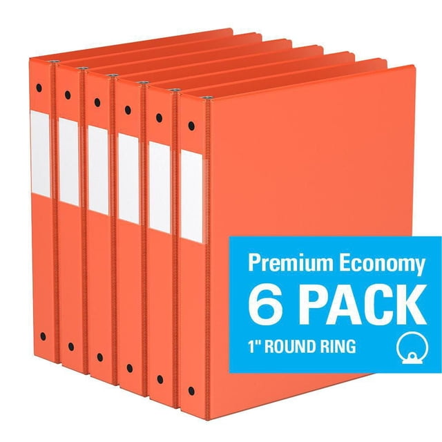 Davis Group Premium Economy Round Ring Binder 6 Pack, 1 inch, six orange binders with white full-width label holders on the spine and clear interior front and back pockets, made from PVC-free polypropylene, suitable for office and school use.