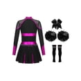 thumbnail image 2 of Hansber Tenues de Cheerleading pour Filles Uniforme de Cheerleading Robe Fantaisie avec Pompons Ensemble de Bas pour Cheveux Rose Vif&Noir 14, 2 of 7