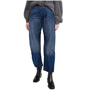 ladies Jeans High Waisted Womens Barrel Jeans Mid Waisted Wide Leg Vintage Jean Pants Loose Baggy Denim Trouser with Pockets Dark Blue L