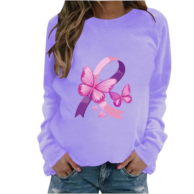 Rbaofujie Chandails pour Femmes Femmes Mode Décontractée Imprimé Col Rond Ample Manches Longues T-shirt Hauts Blouse Violet Chandails à Capuchon pour Femmes