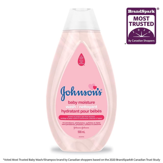 Johnson's Baby Moisture Wash 500 mL bottle with pink label and white flip-top cap, gentle baby body wash that nourishes and protects delicate skin from dryness, free of parabens, phthalates, sulfates, and dyes, recognized as Most Trusted Baby Wash by Canadian shoppers in 2020.