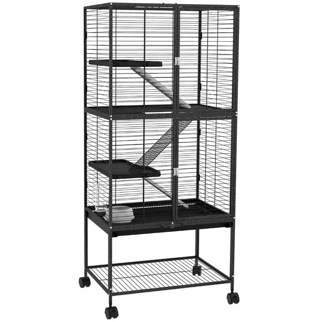 PawHut 4-Tier Ferret Cage Rolling Small Animal Cage in grey, featuring a spacious multi-level design with steel wire construction. Includes ramps, platforms, a water bottle, and a food bowl. Equipped with wheels for easy mobility and a bottom storage shelf for pet supplies. Suitable for small animals like ferrets, squirrels, and chinchillas. Dimensions: 24.2 inches long, 17.9 inches wide, and 53.5 inches high.