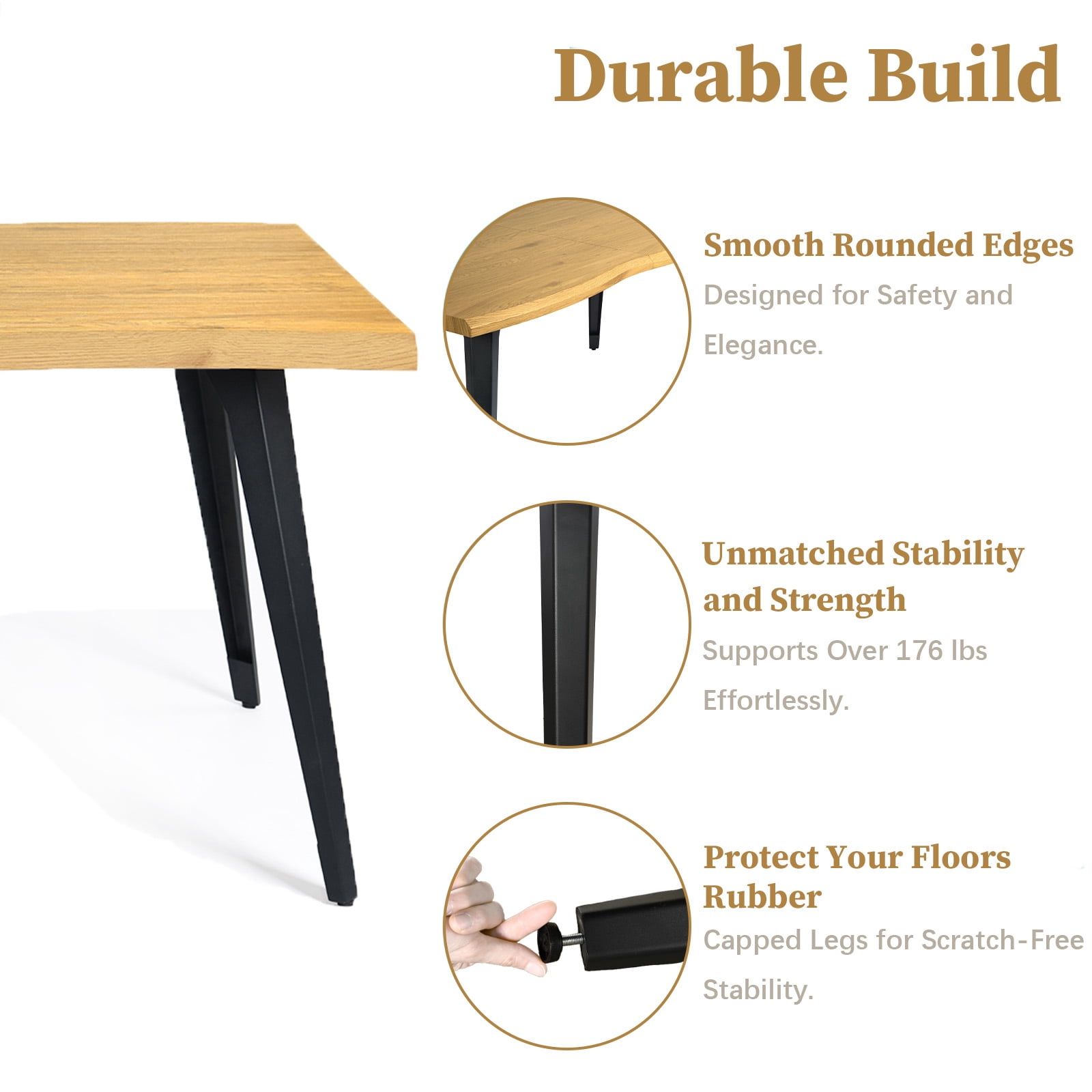 Ensemble de salle à manger Homy Casa style industriel moderne 5 pièces pour 4 personnes, table en faux bois imitation noyer avec bords naturels et 4 chaises sans accoudoirs