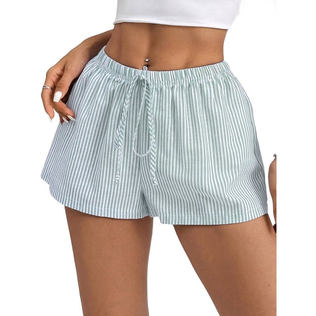 Women'S Striped Print Drawstring Elastic Waist Shorts Casual Wide Leg Low Rise Summer Boxer Shorts Green S