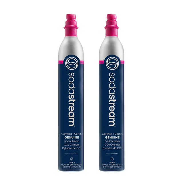 SodaStream 60L CO2 Cylinder 2pack featuring two silver aluminum carbonating cylinders with navy blue labels and pink caps, compatible with SodaStream Art, Terra, and Duo sparkling water makers, certified genuine and triple quality controlled.
