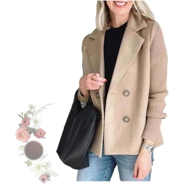 Manteau Décontracté pour Femme à Revers, Boutonné, en Tricot Patchwork, Manches Patchwork, Court; Blazer à Double Boutonnage Patchwork pour Femme