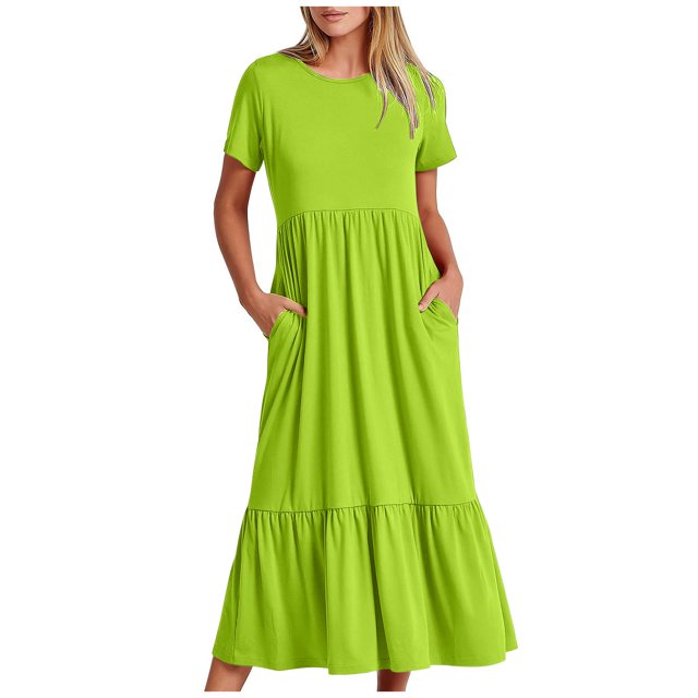Penkiiy Robes Maxi pour Femmes 2024 Décontractées d'Été à Manches Courtes, Robe d'Été Ample Plissée à Étages Fluide de Plage avec Poches P Vert