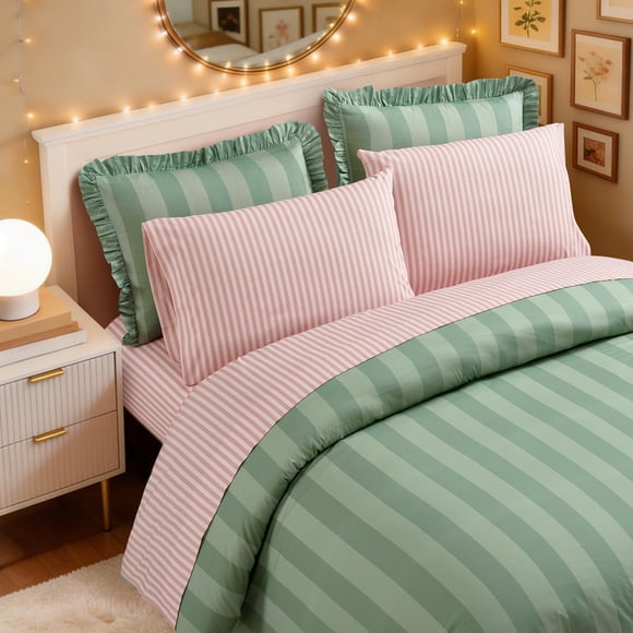 Mainstays Double Classic Stripe Sheet Set, 4-Piece, Pink, Adult