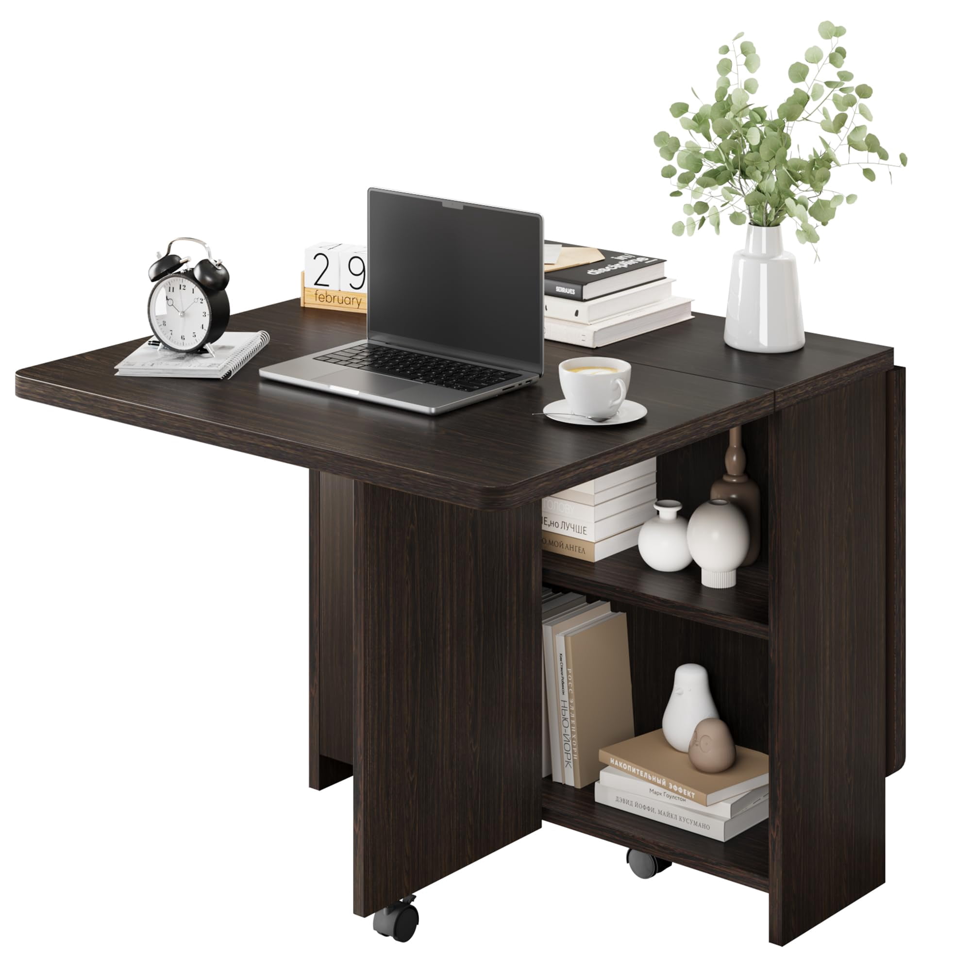 BeesClover Folding Dining Table, Folding Drop Leaf Dining Table with 2-Tier Storage & 6 Wheels, Multipurpose Space-Saving Collapsible Kitchen Table