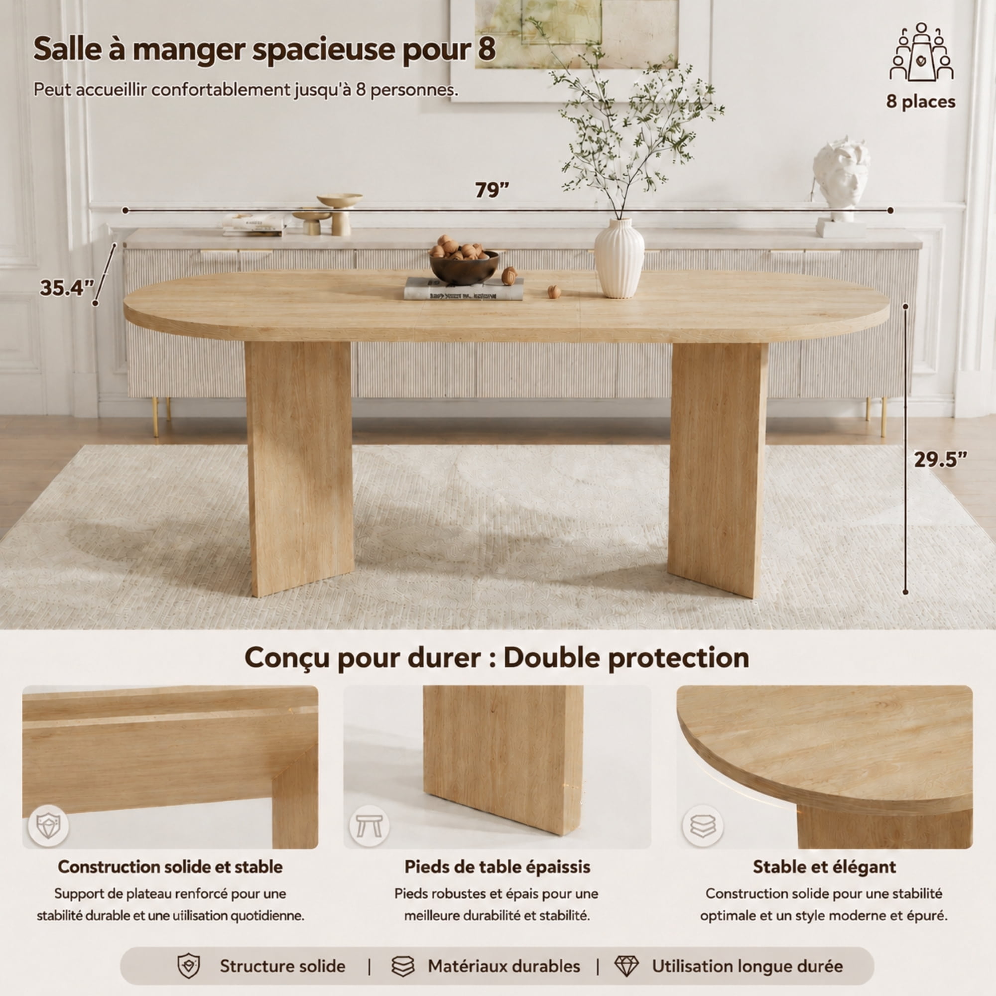 Noble House 79" Large Oval Dining Table for 6-8,Wood Grain Finish with Double Pedestal Base,Contemporary Dining Room Table,Oak