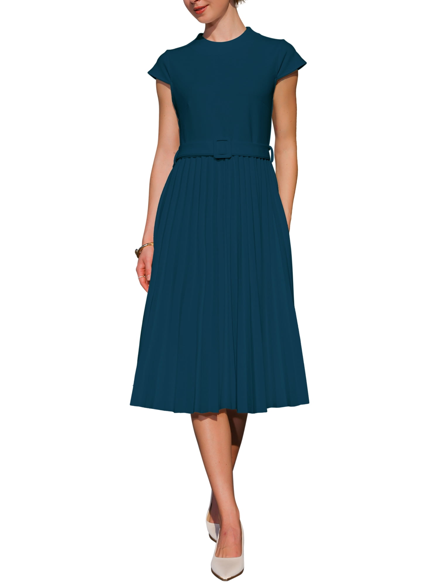 INSPIRE CHIC Women's Pleated Dress Mock Neck Cap Sleeve Belted A-Line Dresses M Peacock Blue