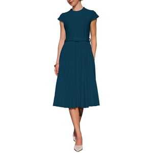 INSPIRE CHIC Women's Pleated Dress Mock Neck Cap Sleeve Belted A-Line Dresses M Peacock Blue
