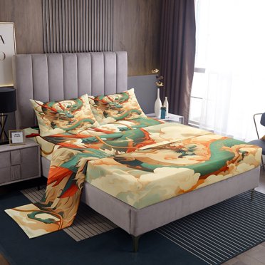 Oriental Dragon Ensemble de Draps Taille Simple Animal Magique, Ensemble de Draps Style Japonais Draps Faune Magique, Drap Plat Dragon Ancien de l'Est