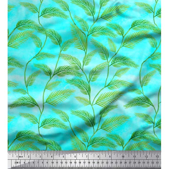 Soimoi Blue Poly Georgette Fabric Pine Leaves Printed Craft Fabric by the Yard 42 Inch Wide