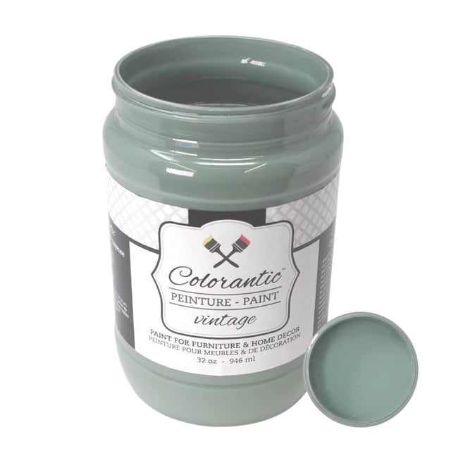 Colorantic BOREAL MOSS Chalk Paint Based for Furniture DIY in medium green, 32 oz container. The paint is displayed in a resealable plastic pot with a white screwable lid, showcasing its creamy, chalky matte finish. Suitable for furniture, fabrics, and DIY projects, this eco-friendly, non-toxic paint adheres to various surfaces with minimal preparation. The lid is removed to reveal the velvety texture of the medium green paint.