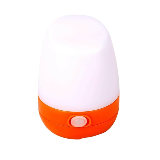 Ozark Trail 100 Lumen LED Mini Camping Lantern with a white translucent top and orange base featuring a single button controlling three light modes: high, low, and red. Compact, battery-operated, and ideal for camping, outdoor activities, and emergency use.