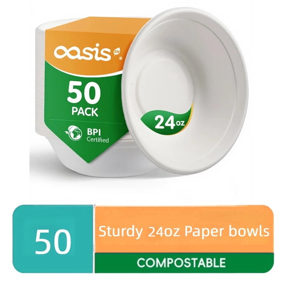 OasisSN Bols en Papier Jetables 24 Oz, Bol en Bagasse Biodégradable Robuste pour Collations, Soupe et Salades, Bols en Papier pour le Souper Ou le Lunch, Blanc, Compatible Micro-Ondes, Lot de 50