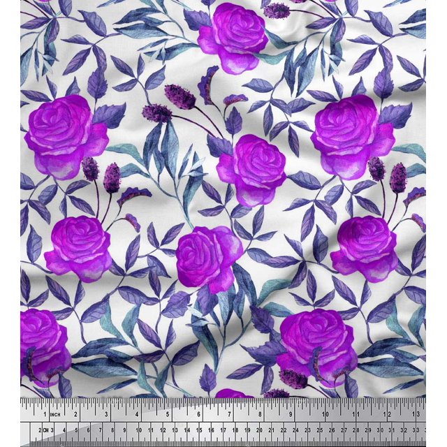 Soimoi polyester Crepe Fabric Leaves & Rose Flower Print Fabric by Yard 42 Inch Wide