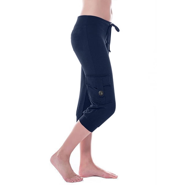 Capris pour Femmes Pantalon Court Jambe Échancrée Grande Taille Polyester Dames Décontracté Capris Pantalons Style C-381 Marine TP