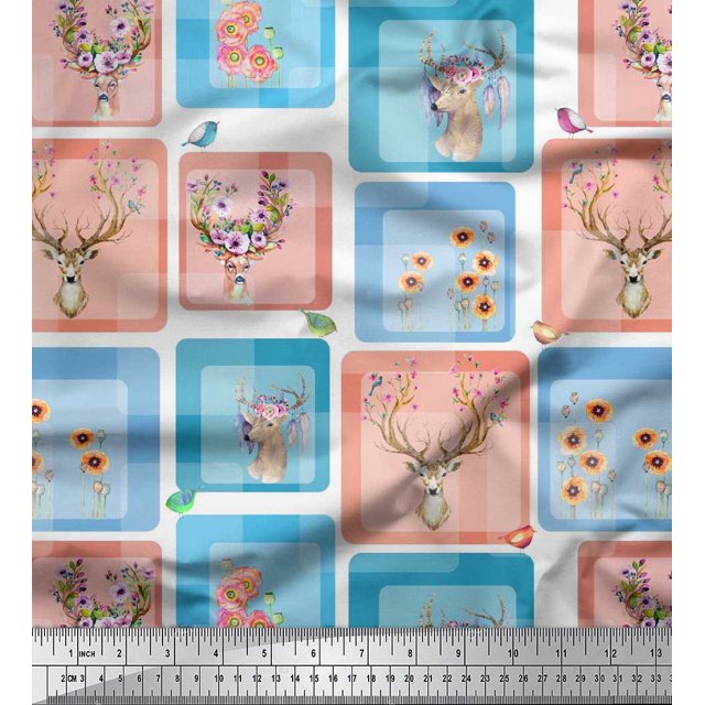 Soimoi Velvet Fabric Bird & Reindeer Face Patchwork Printed Craft Fabric by The Yard 58 Inch Wide