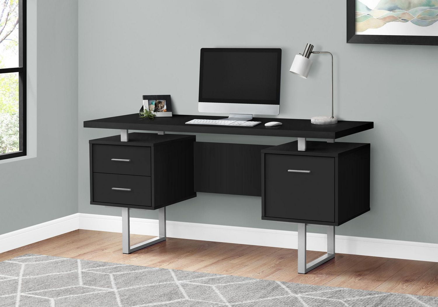 Monarch Specialties Bureau, Bureau À Domicile, Ordinateur Portable, Configuration Gauche, Droite, Tiroirs De Rangement, 60"l, Travail, Métal, Stratifié, Noir, Gris, Contemporain, Moderne