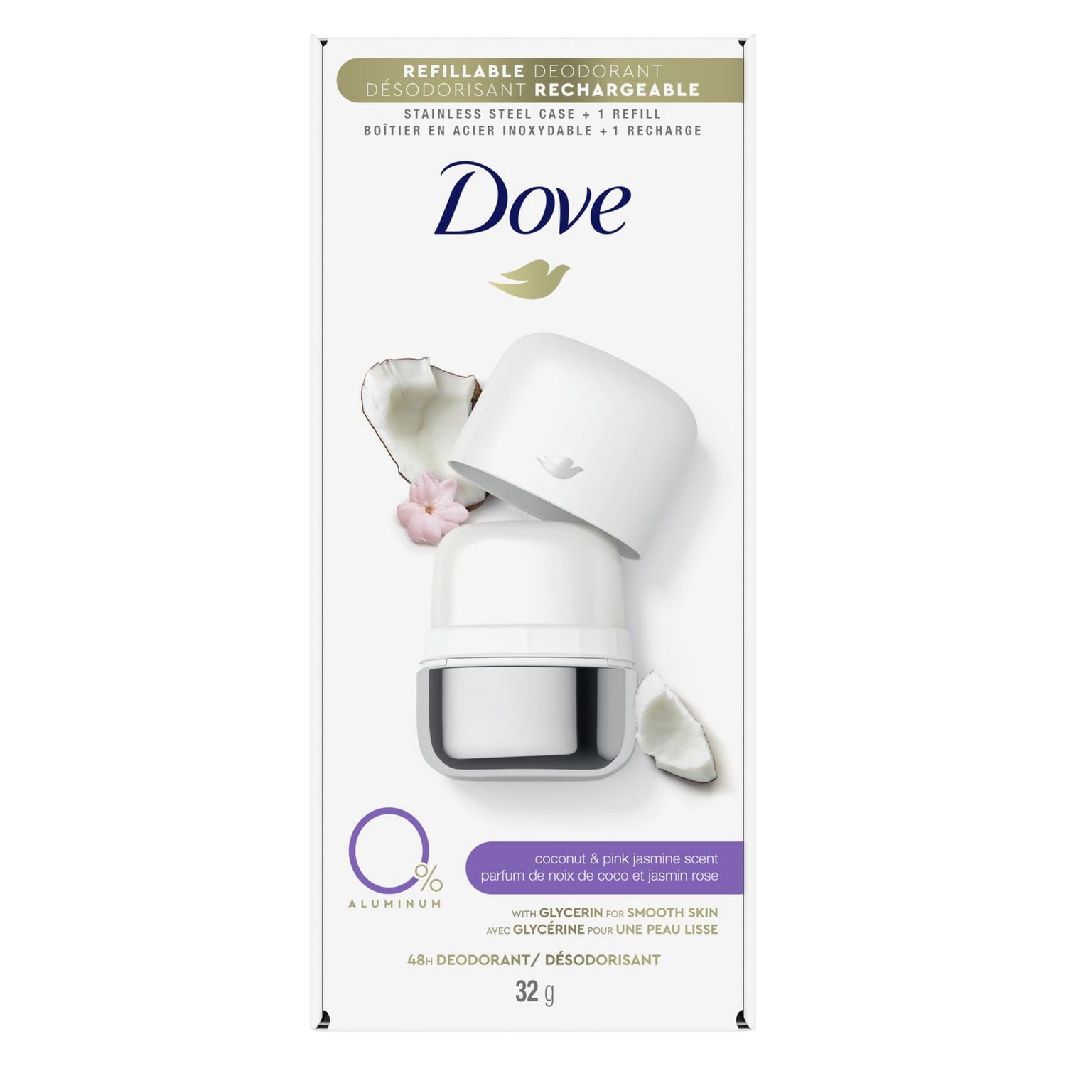 Dove Désodorisant Rechargeable 0 % Aluminium Noix de Coco et Jasmin Rose, 32 g
