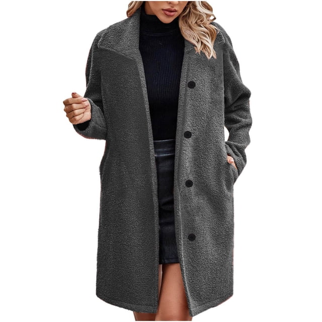 WRKEKC Women's Shacket Style Plush Coat Button Front Pockets Flannel Lined Winter Long Trench