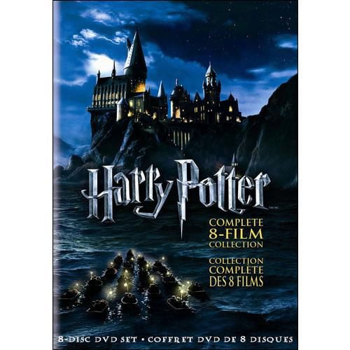 Harry Potter : l'Ensemble Complet de 8 Films avec Couverture de DVD Montrant le Château de Poudlard Illuminé la Nuit au-Dessus d'Un Lac Sombre avec des Bateaux Transportant des Étudiants, Représentant Cette Collection de Films d'Aventure Fantastique en Anglais et en Français.