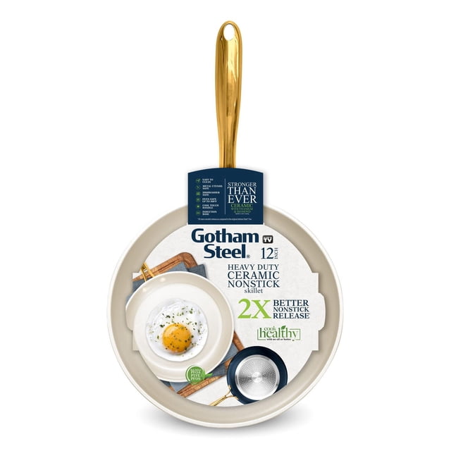 Gotham Steel Cream Navy 12 inch Nonstick Ceramic Dishwasher Oven Safe Fry Pan Skillet Front-facing 12-inch skillet with cream exterior and navy Ti-Cerama nonstick interior, lightweight aluminum body and cool-touch stainless-steel handle, oven-safe to 500°F and dishwasher-safe; often used for eggs, pancakes and stovetop-to-oven finishing.