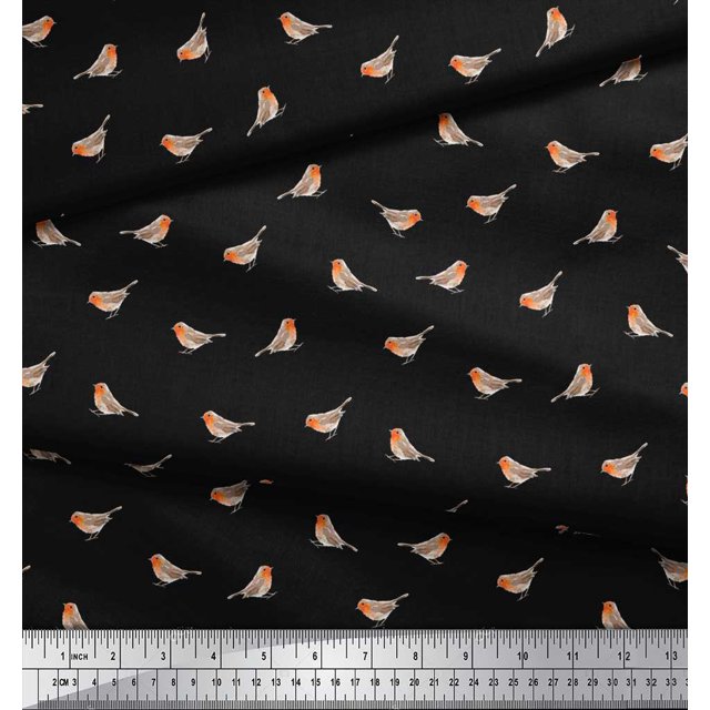Soimoi Black Rayon Fabric American Robin Bird Print Fabric by The Yard 56 Inch Wide