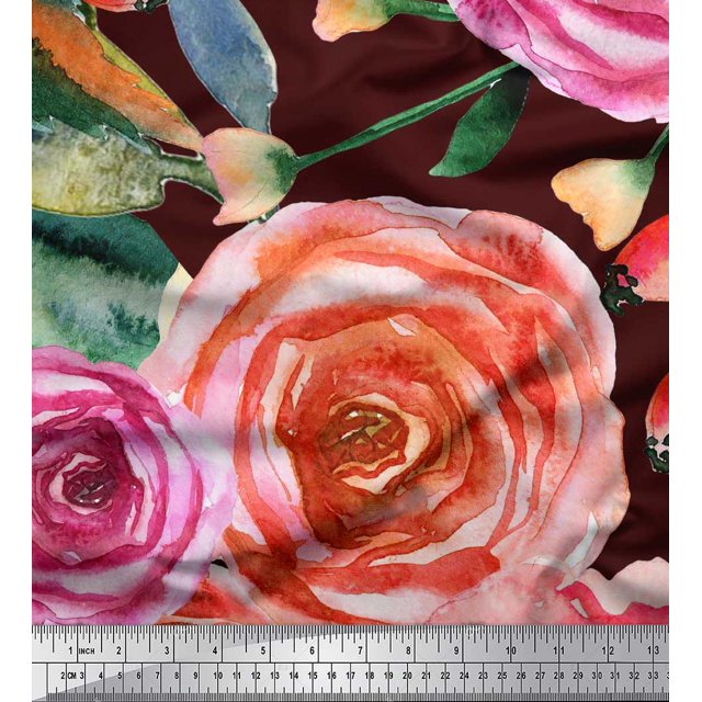 Soimoi Moss Tissu Georgette Feuilles & Rose Imprimé par Yard 42 Pouces de Large
