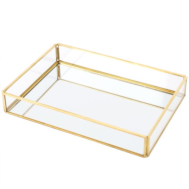 Makeup Storage Box - Vintage Metal Glass Organizer Gold Tray Jewelry Cosmetics Display Boxes(Medium)
