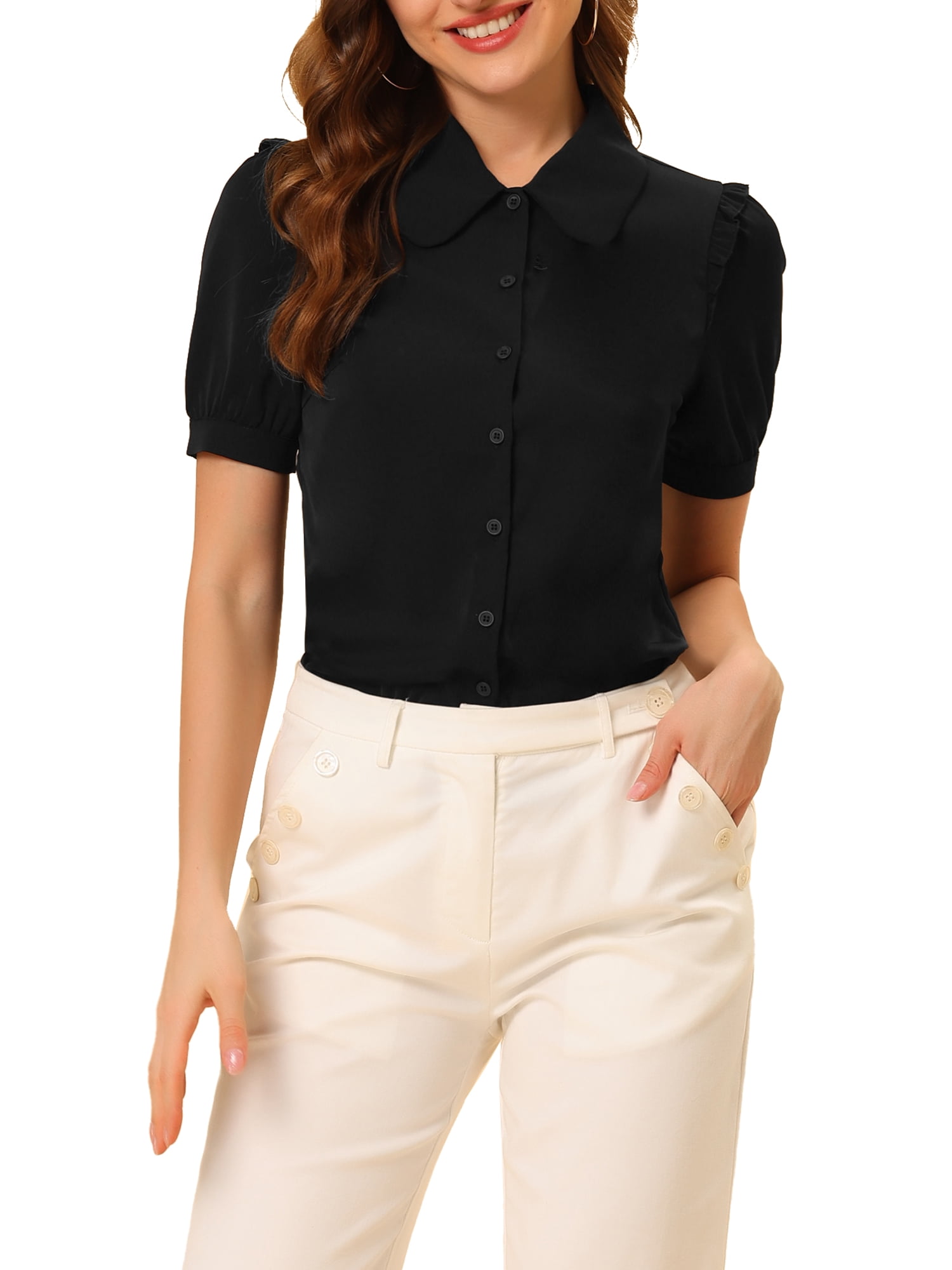 INSPIRE CHIC Women's Collared Top Peter Pan Collar Short Sleeve Button Front Shirts M Black