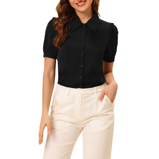 Haut à col Peter Pan pour femmes INSPIRE CHIC, manches courtes, à boutons, noir