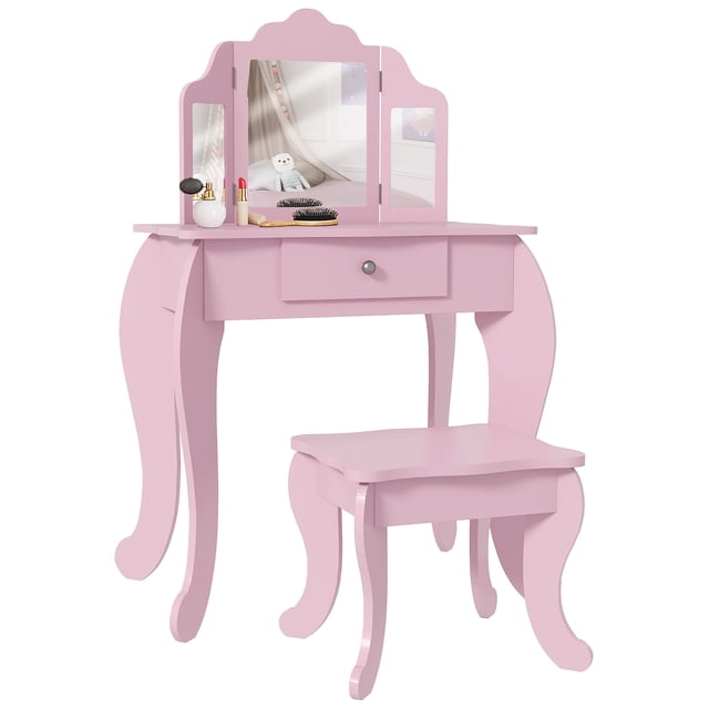 Qaba Coiffeuse et Tabouret pour Enfants Ensemble de Maquillage Rose, un Ensemble de Coiffeuse pour Enfants en MDF Rose avec Coins Arrondis, un Tabouret Assorti et Trois Miroirs en Acrylique. le Miroir central Est Flanqué de Deux Miroirs Latéraux Ajustables. Comprend un Tiroir de Rangement et Est Idéal pour les Chambres d'Enfants Ou les Salles de Jeux. Convient aux Âges de 3 à 6 Ans. Dimensions : table 63 x 40 x 85,5 cm, Tabouret 35 x 30 x 30 cm.