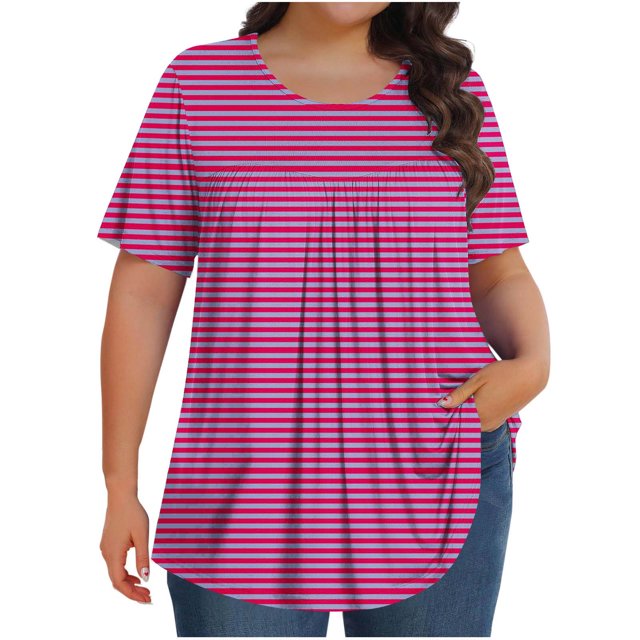 Olyvenn Hauts pour Femmes Grande Taille T-Shirts d'Été Basiques Manches Courtes Col Rond Tunique Décontractée Coupe Ample T-Shirts de Plage à Rayures Graphiques Rose Vif XXXXXL