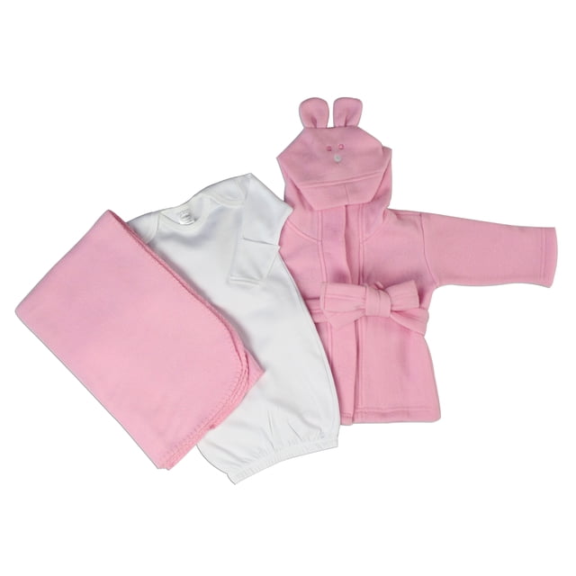 Bambini Newborn Baby Girls 3 Pc Layette Set (Gown, Robe, Fleece Blanket)