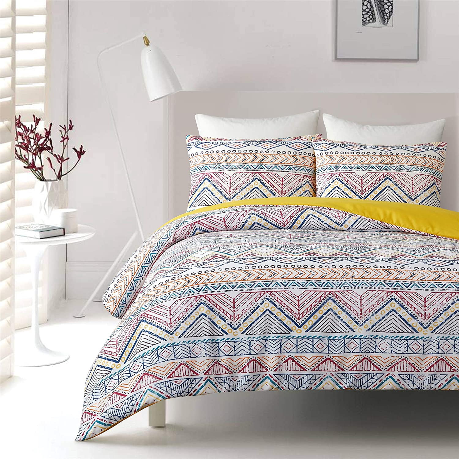 3 Pcs Housse de Couette Kin Boho, Motif Ethnique Coloré Imprimé sur Housse de Couette Bohème Blanche Ensemble de Literie