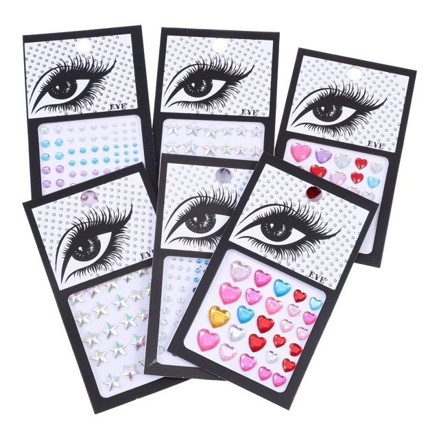 6 Sheets Face Stickers Heart Star Acrylic Gems Stickers featuring a variety of colorful rhinestone designs, including hearts, stars, and round gems. Each sheet is compact, measuring 5.30x5.30x0.30cm, and includes peel-off acrylic stickers suitable for face, body, nails, or crafts. The stickers are reusable, easy to apply, and leave no residue when removed. Ideal for enhancing makeup looks, decorating clothing, or personalizing items like cell phones and greeting cards.