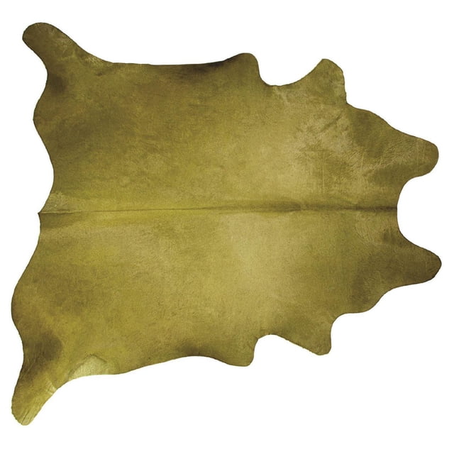 H-Natural 6'X7' Geneva Cowhide Rug in soft olive, crafted from 100% natural Brazilian cowhide with a low pile and supple sheen, featuring an irregular organic shape and no backing; durable, stain-resistant, and ideal for adding warmth and texture to home area rugs.